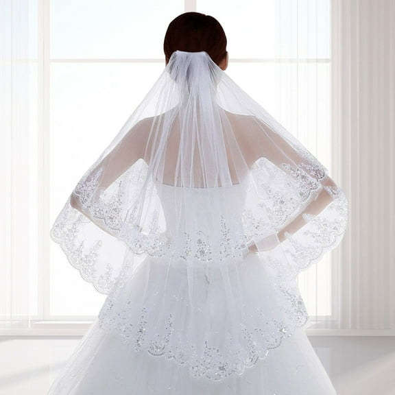 Sunjoy Tech Bridal Headwear with Anti-slip Comb Women Double Layer Lace Sequins Edge Tulle Headdress Bride Hair Accessories