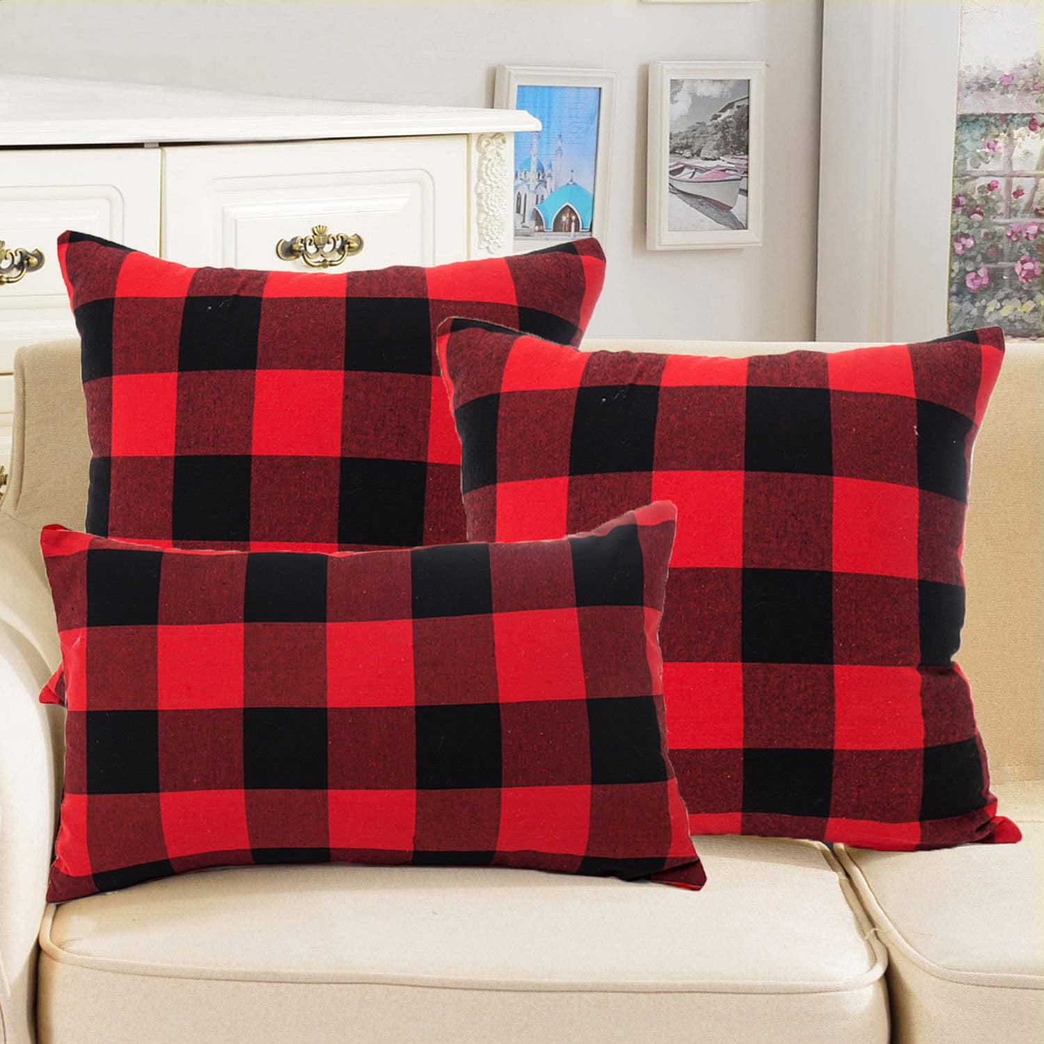 Jashem Plaid Throw Pillow Cover 18x18 inch Cotton Cushion Cover Black and Red Buffalo Check Pillow Case for Modern Home Decor Set of 2 (Big Plaid