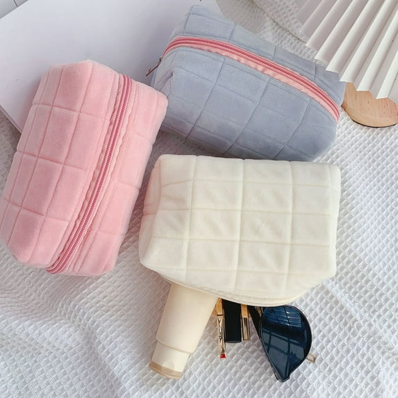 Sunjoy Tech Cosmetic Bag Multifunctional Soft Plush Fluffy Large Capacity Zipper Closure Store Cosmetics Solid Color Women Travel Make Up Toiletry Bag Washing Pouch for Trip