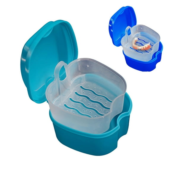 Sunjoy Tech Denture Case, Denture Cup with Strainer, Denture Bath Box False Teeth Storage Box with Basket Net Container Holder for Travel, Retainer Cleaning
