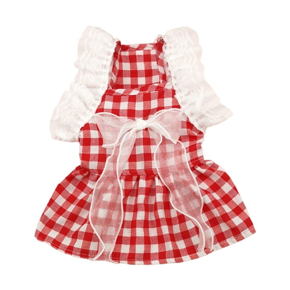 Sunjoy Tech Dog Dress Adorable Lace Stitching Ruffle Sleeve Plaid Print Pet Cat Dog Bowknot Princess Dress Daily Wear