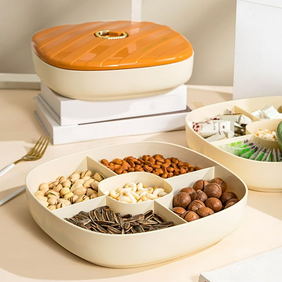 Sunjoy Tech Dried Fruit Storage Box Multi-Compartment Folding Handle with Lid Rounded Corner Snacks Nuts Storage Tray