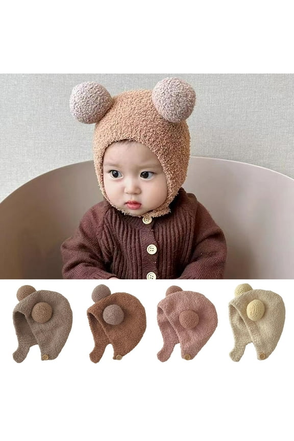 Fall Winter Children Hat Knitted Cartoon Ear Decor Warm Ear Protection Infant Baby Cap Beanie Thick Soft Elastic Button Closure Unisex Anti-slip Lightweight Hat