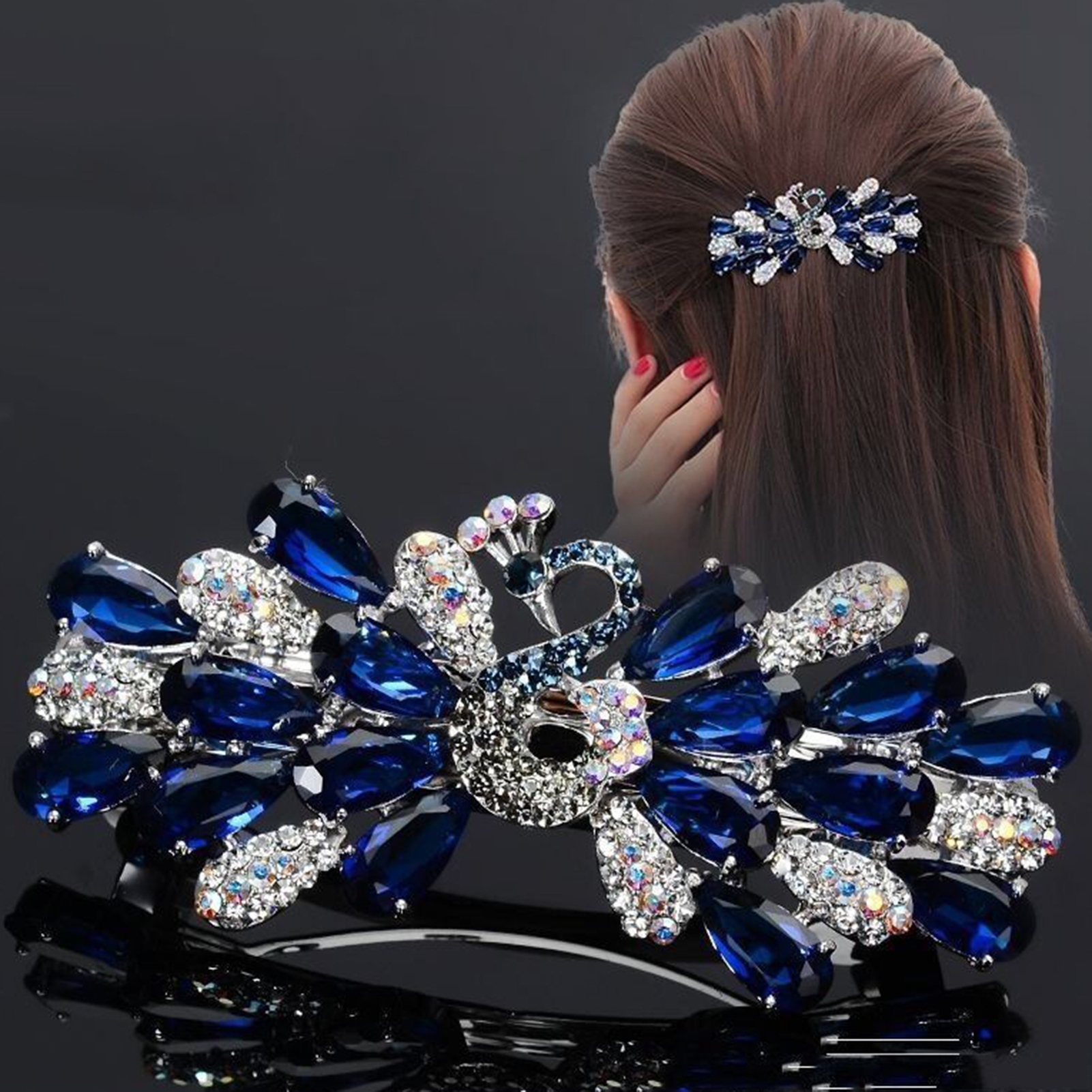 Elegant Blue Rhinestones Hair Barrette Clip Accessory Amazon.com : Austrian Crystal Bridal Hair Barrettes, Navy  main image 2