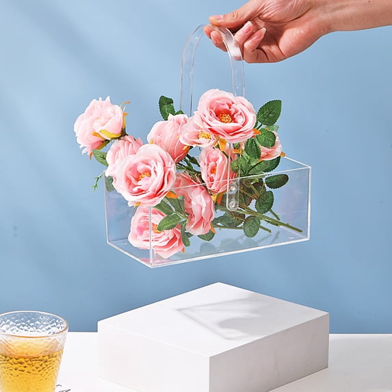 Sunjoy Tech Flower Box with Handle Sturdy Base Non-slip Bottom Not Easily Break Shatter-proof Waterproof Transparent Flower Gift Case Living Room Decor