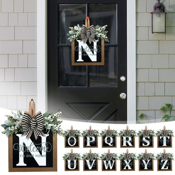 Sunjoy Tech Front Door Wreath Burr-free Alphabet Design Faux Greenery with Bowknot Initial Last Name Year Farmhouse Welcome Door Sign Home Supplies