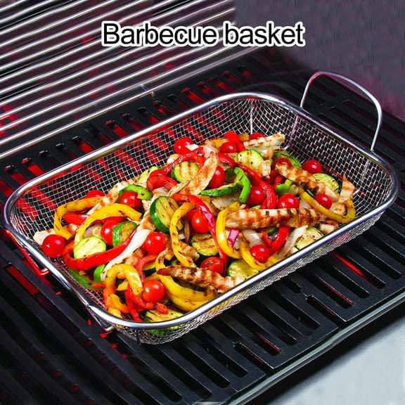 Sunjoy Tech Grill Basket with Handle Rustproof Heat-Resistant Small Holes Design Versatile Barbecue Basket Storage Tray Kitchen Tool