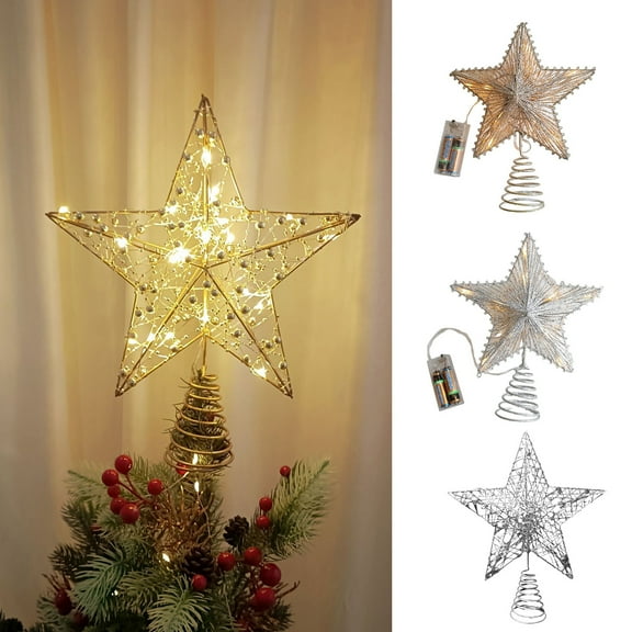 Sunjoy Tech Hollow Star Tree Top Light,Christmas Tree Topper Star LED,Glitter Gold Metal Star Light Ornament Battery Powered for Christmas Home Parties Bars