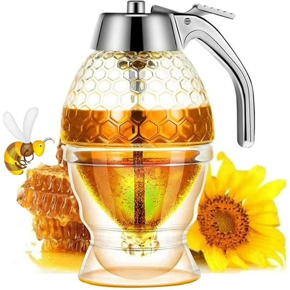 Sunjoy Tech Honey Dispenser No Drip - Maple Syrup Dispenser - Beautiful Honey Comb Shaped Honey Pot - Honey Jar with Stand, Great Bee Decor