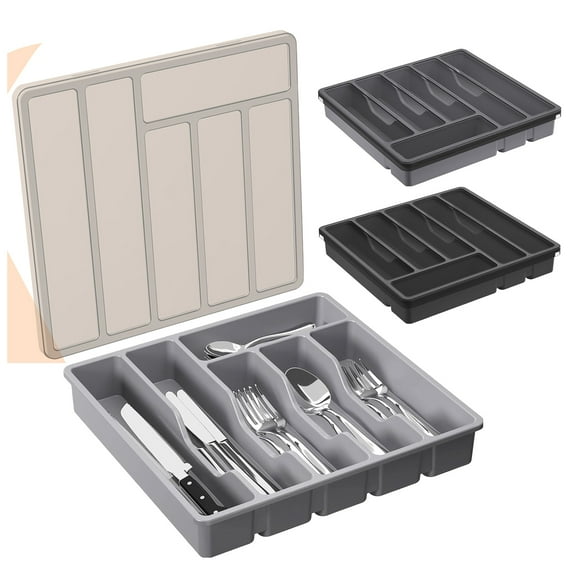 Sunjoy Tech Kitchen Flatware Utensil Holder with Lid 6 Compartments Drawer Countertop Chopstick Spoon Fork Cutter Cutlery Storage Box Covered Organizer Tray