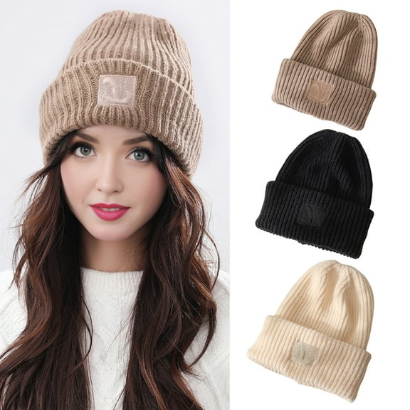 Sunjoy Tech Lady Winter Beanie Hat Knitted Thick Folded Brim Piled Hat Solid Color Stretchy Ear Hat Windproof Warm Headgear