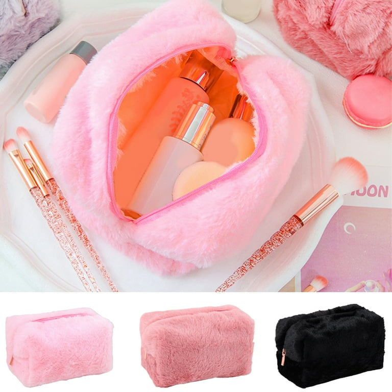 Sunjoy Tech Makeup Bag with Macaron Colors Makeup Pouch Cute Kawaii Furry Cosmetic Bag Cosmetic Travel Bag with Zipper