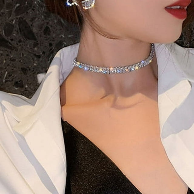 Sunjoy Tech Rhinestone Choker Necklaces for Women Dainty Diamond Choker Silver Gold Plated Crystal Choker Necklaces Bridesmaid Jewelry