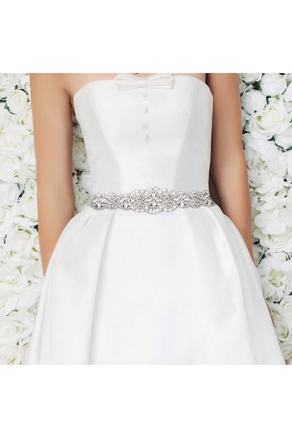 Rhinestone Decor Women's Satin Ribbons Luxury Bridal Belt, Ivory