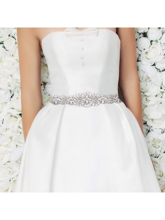 Rhinestone Decor Women's Satin Ribbons Luxury Bridal Belt, Ivory