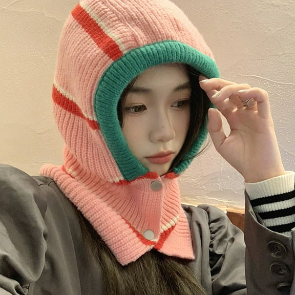 Sunjoy Tech Scarf Hat Button Design Anti-shrink High Elasticity Striped Neck Warmer Beanie One-piece Cap for Outdoor