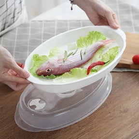 Sunjoy Tech Steamed Fish Plate with Transparent Cover Microwaveable Fish Steamer Pan Cooking Dish for Home Kitchen