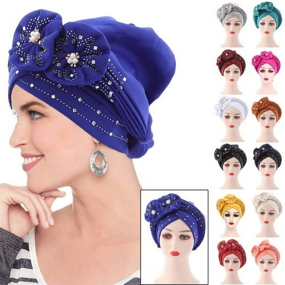 Sunjoy Tech Stretch Turbans Flower Decor Rhinestone Head Beanie Cover Twisted Pleated Headwrap Assorted Colors Hair Cover Beanie Hats for Women Girls