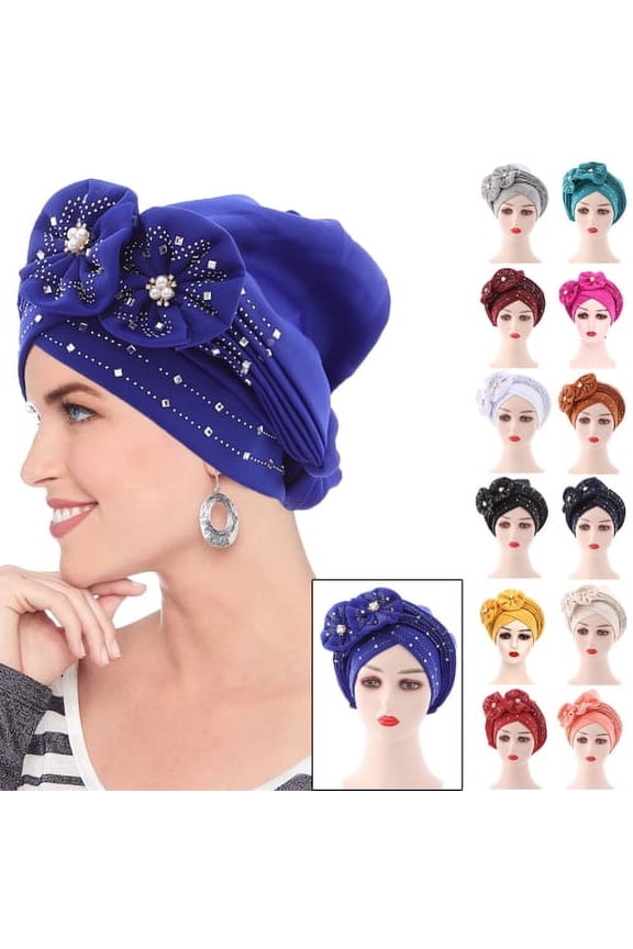 Stretch Turbans Flower Decor Rhinestone Head Beanie Cover Twisted Pleated Headwrap Assorted Colors Hair Cover Beanie Hats for Women Girls