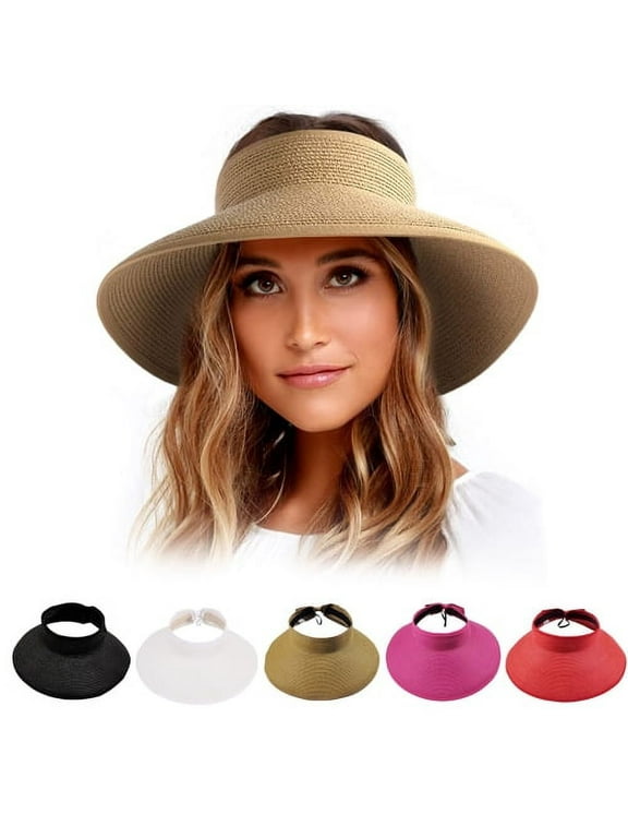Sun Visor Hats for Women Wide Brim Straw Roll Up Ponytail Summer Beach Hat UV UPF Packable Foldable Travel