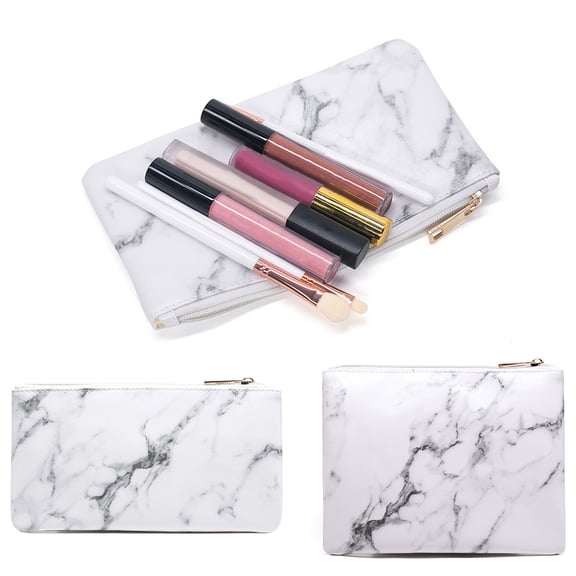 Sunjoy Tech Travel Flat Marble Pattern Makeup Cosmetic Bag Faux Leather Toiletry Pencil Case