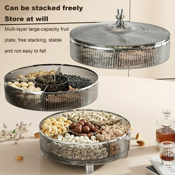 Sunjoy Tech Triple Layer Divided Nut Serving Tray with Lid 360-degree Rotation Transparent Plastic Snack Platter Container BPA-Free Dried Fruit Storage Box for Appetizer Snack Candy Fruit Veggie