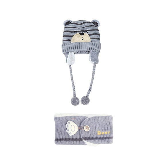 Sunjoy Tech Unisex Winter Kids Baby Cartoon Bear Stripe Knit Hat Cap Scarf Earmuff Warm Set