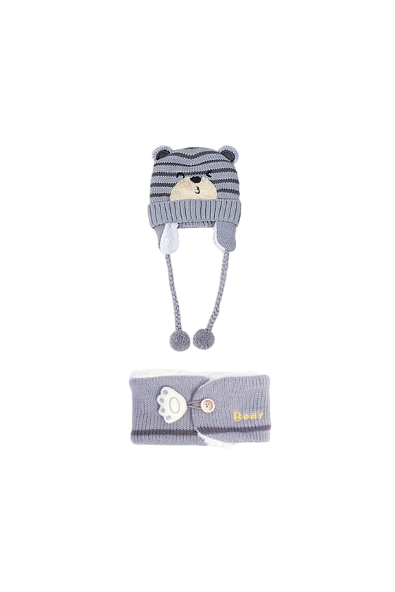 Unisex Winter Kids Baby Cartoon Bear Stripe Knit Hat Cap Scarf Earmuff Warm Set