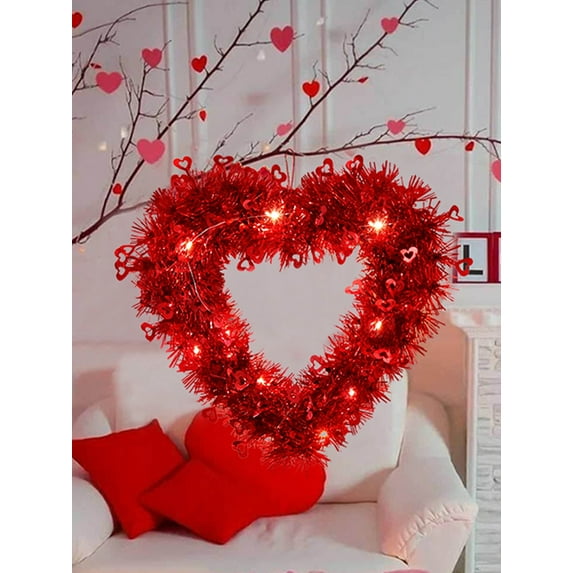 Sunjoy Tech Valentine Heart Shaped Wreaths Red Tinsel Heart Shaped Wreaths with Foil Hearts Love Hanging for Valentine's Day Wedding Front Door Wall Decor