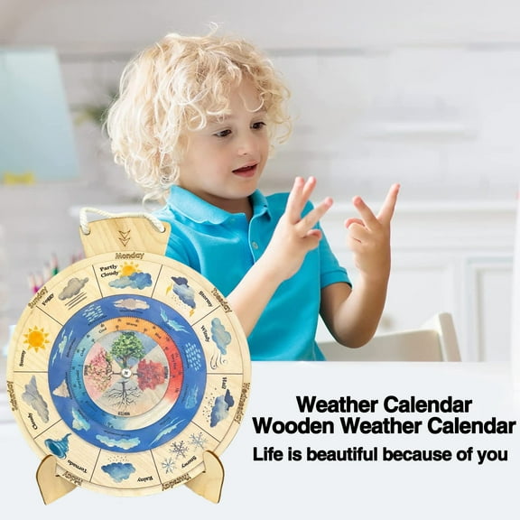 Sunjoy Tech Weather Calendar Card Circle Four Seasons Wheel with Lanyard Smooth Edge Wooden Calendar Card Weather Learning Board
