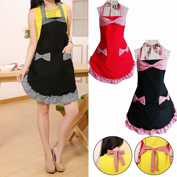 Sunjoy Tech Women Cute Bowknot Decor Pocket Apron Plaid Print Splicing Adjustable Lace-up Kitchen Flirty Apron Mother Day Gift