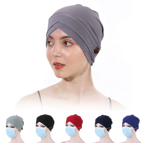 Sunjoy Tech Women Front Cross Turban Cap, Twist Head Wrap Beanie Perfect Beanie Chemo Cap Sleep Bonnet with Button for Long/Short Hair