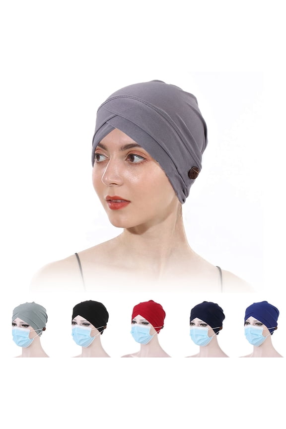Women Front Cross Turban Cap, Twist Head Wrap Beanie Perfect Beanie Chemo Cap Sleep Bonnet with Button for Long/Short Hair