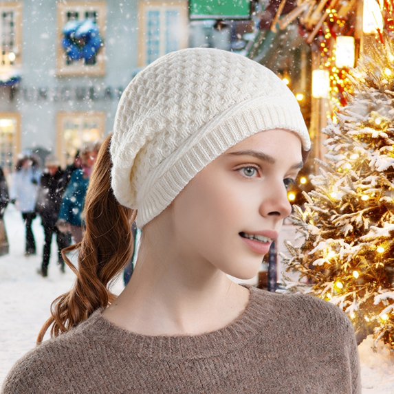 Sunjoy Tech Women Hat with Ponytail Hole Knitted Thick Warm Hat Solid Color Keep Elastic Ear Outdoor Camping Travel Skating Headwear