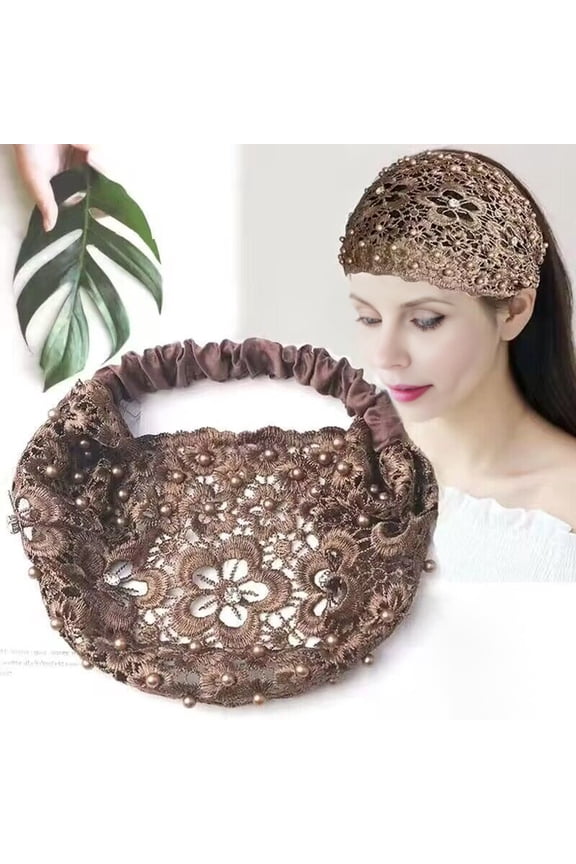 Women Headband Hollow Faux Pearls Flower Pattern Shiny Hair Band High Elastic Wide Hair Holder 1Pc