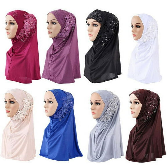 Sunjoy Tech Women One Piece Muslim Hijab Lace Applique Head Wrap Scarf Shawl with Rhinestones