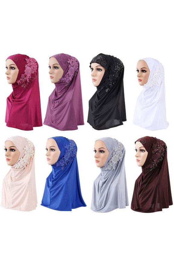 Women One Piece Muslim Hijab Lace Applique Head Wrap Scarf Shawl with Rhinestones