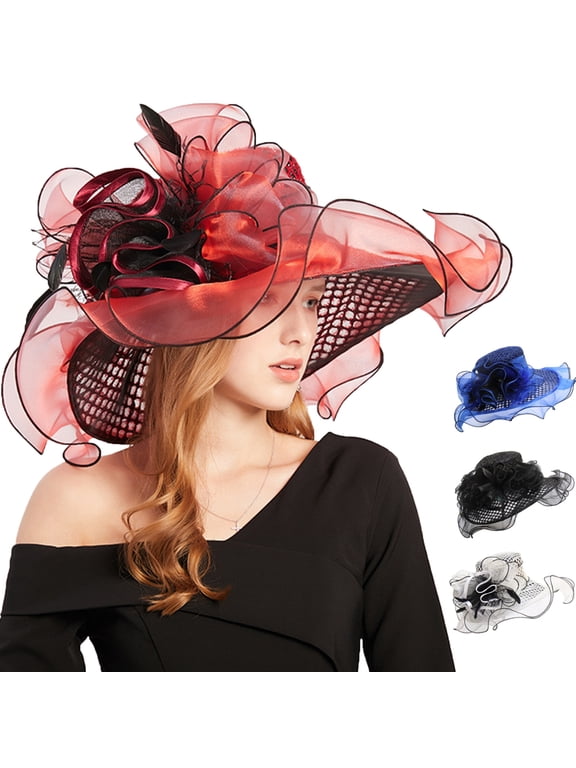 Women Organza Wide Brim Medieval Hat Fascinator Lady Cocktail Tea Party Church Wedding Bridal Flower Hat Stage Performance Show Cap