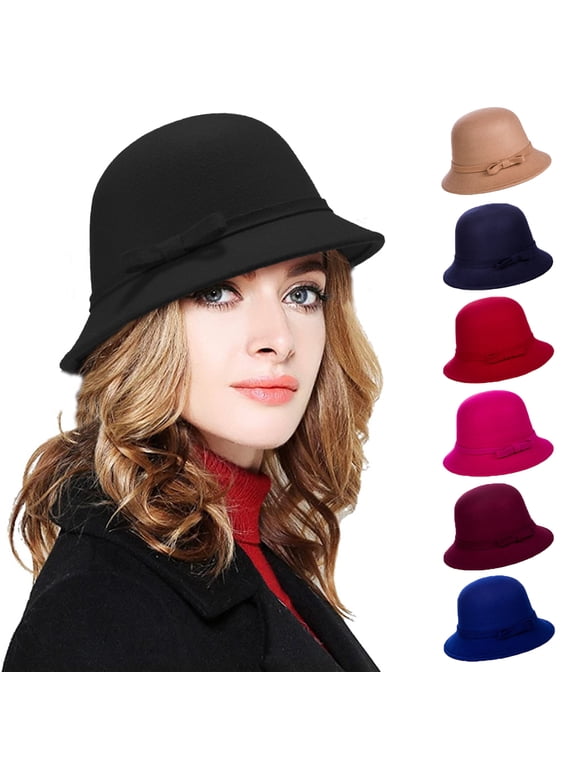 Women Solid Color Winter Hat Autumn Wool Cloche Bucket Cap with Bow Bowler Hat