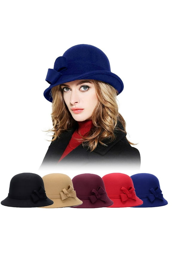 Women Solid Color Winter Hat Faux Wool Cloche Bucket Wide Brim Hat with Bow Accent