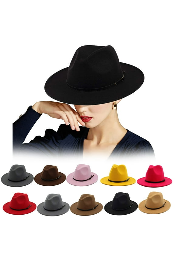 Sunjoy Tech Women Vintage Felt Fedora Hat Wide Brim Wool Panama Hats with Belt Buckle Solid Color Bowler Cap