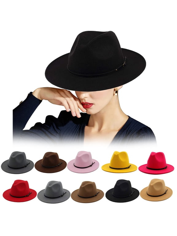 Women Vintage Felt Fedora Hat Wide Brim Wool Panama Hats with Belt Buckle Solid Color Bowler Cap