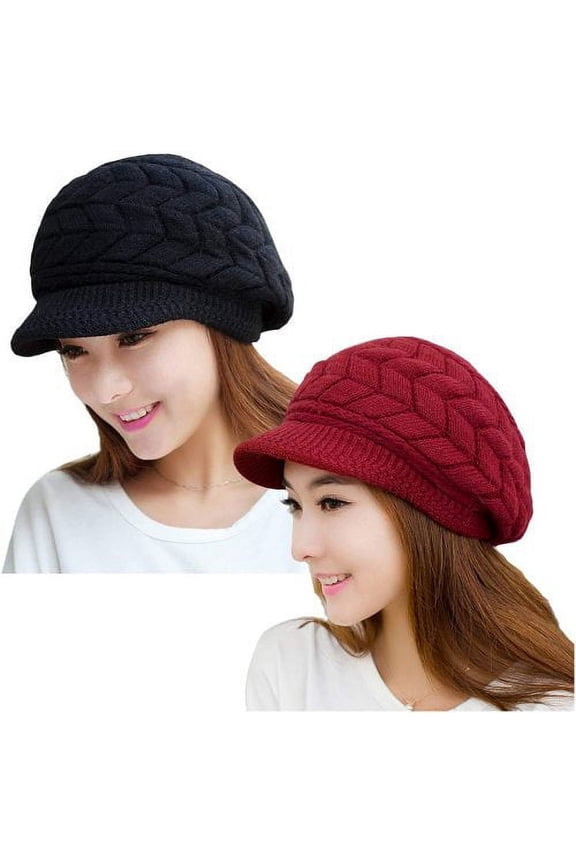 Women Winter Warm Knit Hat Slouchy Beanie Cap with Visor, Flat Brim Shape Faux Rabbit Fur Fashion Women Hat for Cold Weather