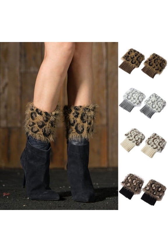 Womens Boot Cuffs Socks Winter Short Leopard Print Fluffy Knit Leg Warmers Boot Socks Gifts