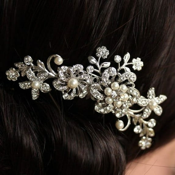 Sunjoy Tech Womens Wedding Flower Rhinestone Faux Pearl Hair Clip Bridal Hair Comb Jewelry