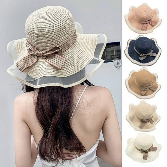 Sunjoy Tech Womens Wide Brim Bowknot Straw Hat Floppy Foldable Roll up Summer Beach Cap Sun Hat