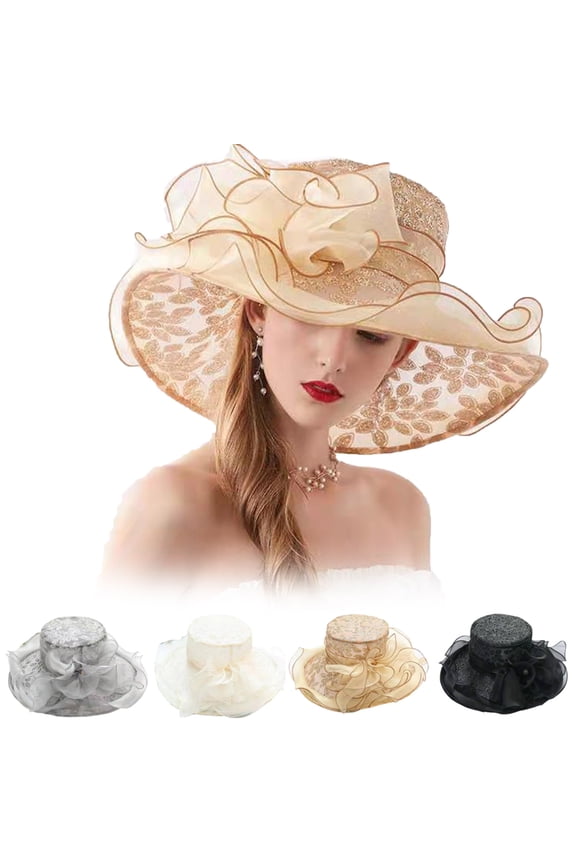 Womens Wide Brim Sequins Church Hat Dress Fascinator Bridal Organza Tea Party Wedding Hat