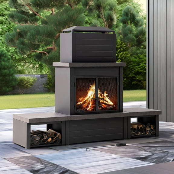 Sunjoy Wood Burning Fireplace – Matte Black Outdoor Steel Fireplace with Chimney, Log Holders, Fireplace Tool, and PVC Cover