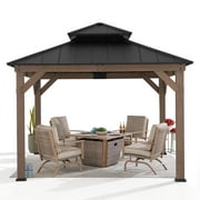 Sunjoy Wooden Gazebo 11’ x 11’ Outdoor Gazebo Patio Steel Gazebo with Cedar Frame and Ceiling Hook Wood Gazebo with 2-tier Metal Roof, Brown
