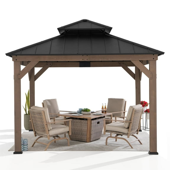 Sunjoy Wooden Gazebo 11’ x 11’ Outdoor Gazebo Patio Steel Gazebo with Cedar Frame and Ceiling Hook Wood Gazebo with 2-tier Metal Roof, Brown